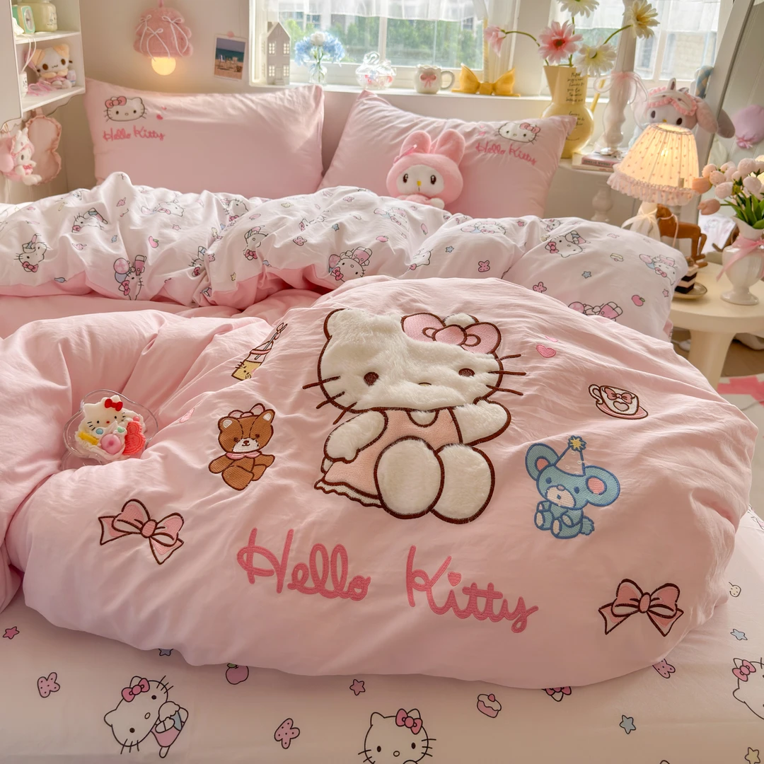 三丽鸥Hellokitty水洗棉床上四件套可爱床单人被套宿舍三件套床品