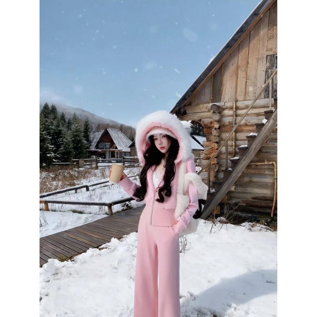 【雅乔定制】樱花奶酪 毛领连帽加绒休闲运动套装女DYZY-25107800