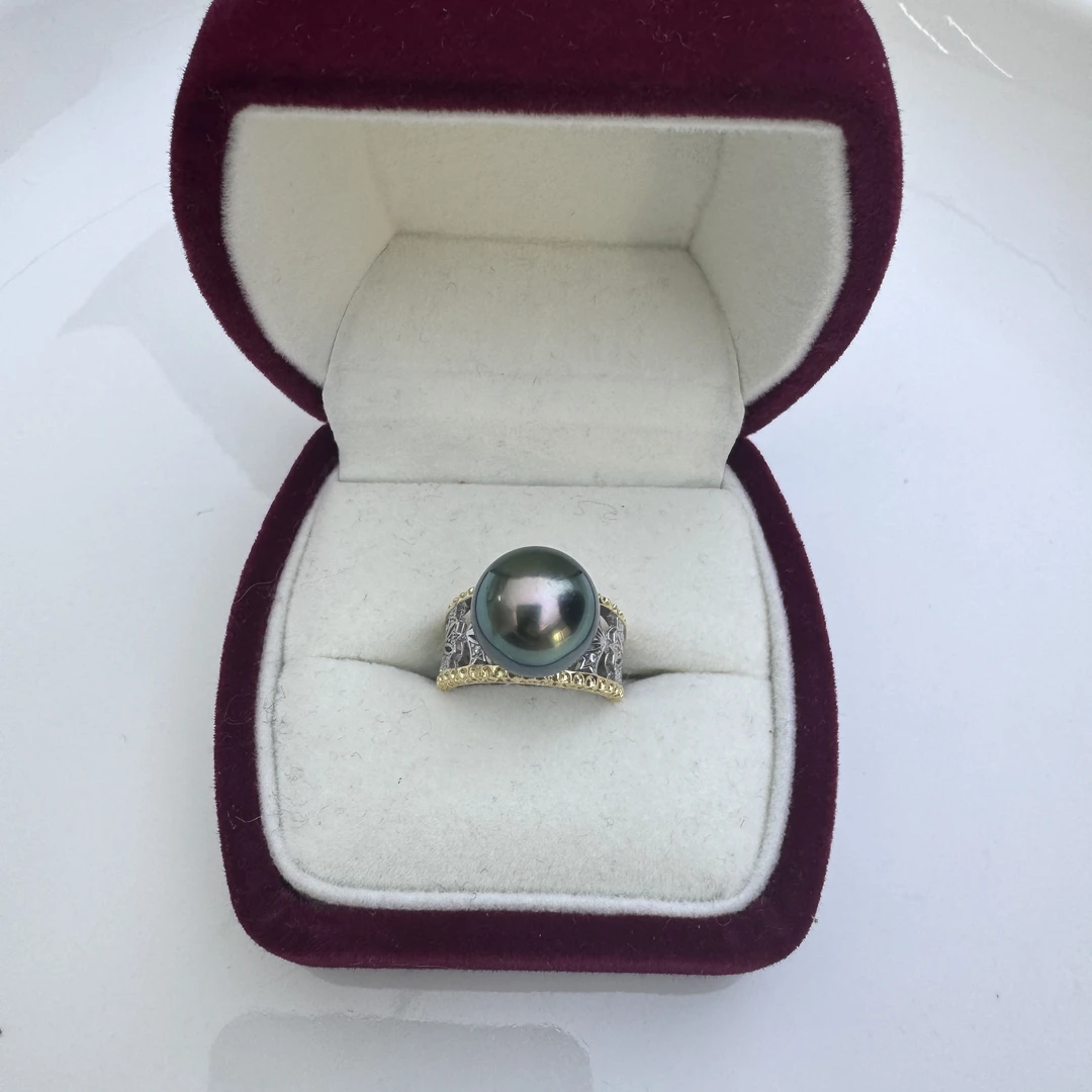 天然海水珍珠 大溪地黑珍珠孔雀绿戒指