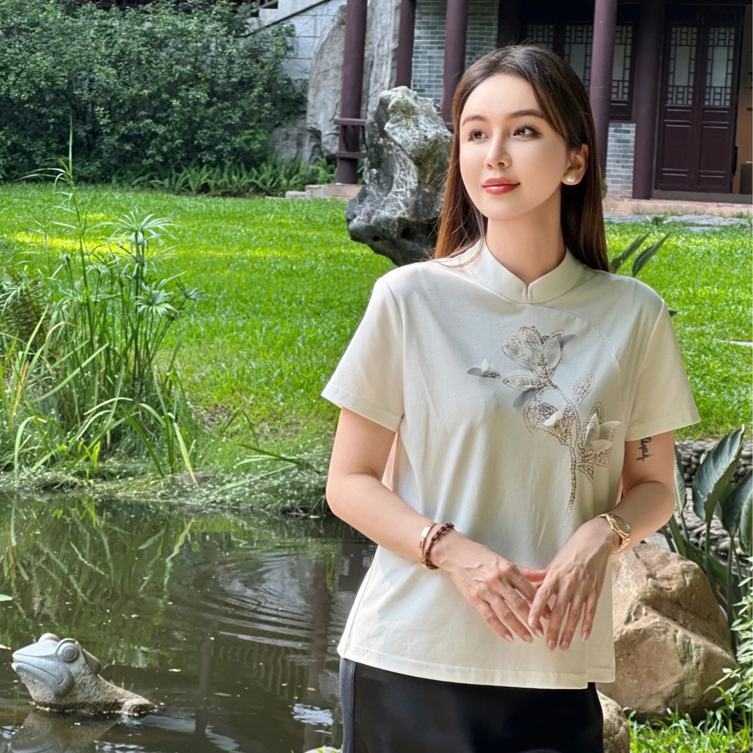 JESSICA WU皎皎玉兰~优雅气质新中式进口冰舒棉玉兰花刺绣短袖