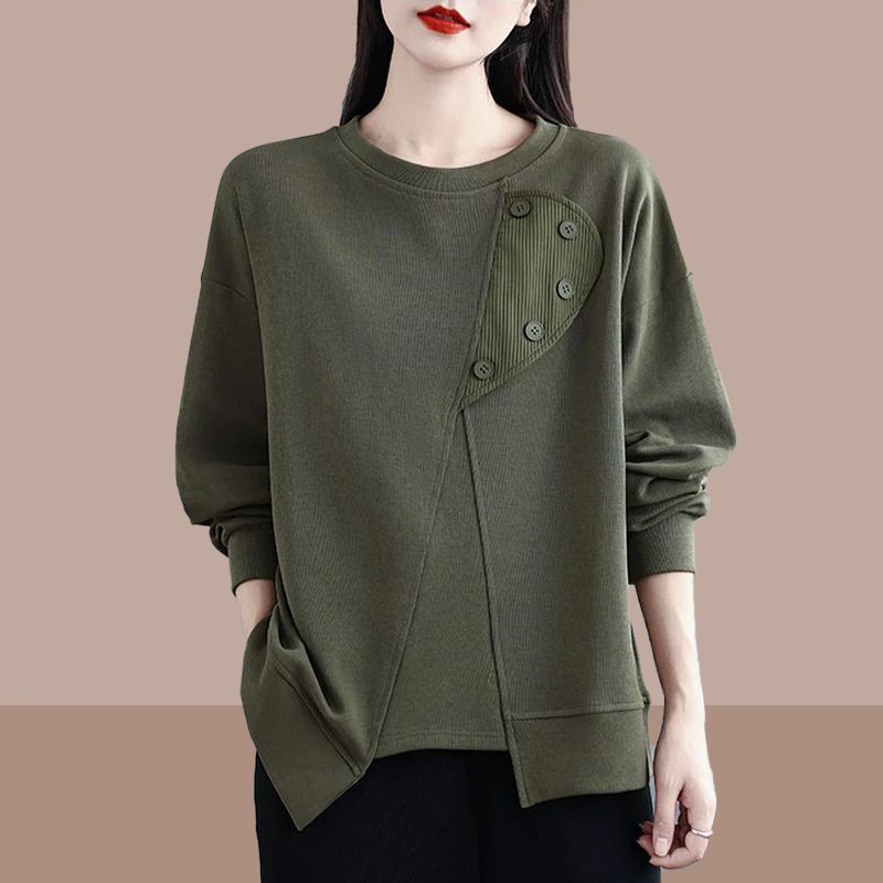 春秋新款圆领纽扣设计感长袖不规则卫衣女宽松大码时尚洋气上衣潮