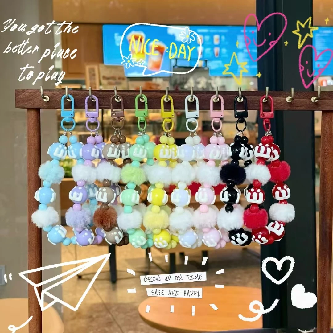 韩风少女心毛茸手工串珠手链手机壳百搭CCD相机钥匙便携短款挂链