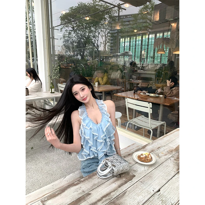 barb chill【里海清波 】荷叶边露背吊带背心不规则挂脖上衣