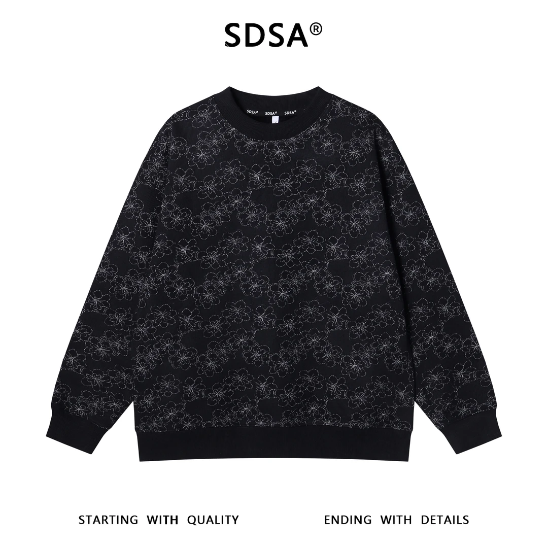 SDSA男士秋冬新款痞帅男装简约肌理感满印花朵设计圆领卫衣时尚