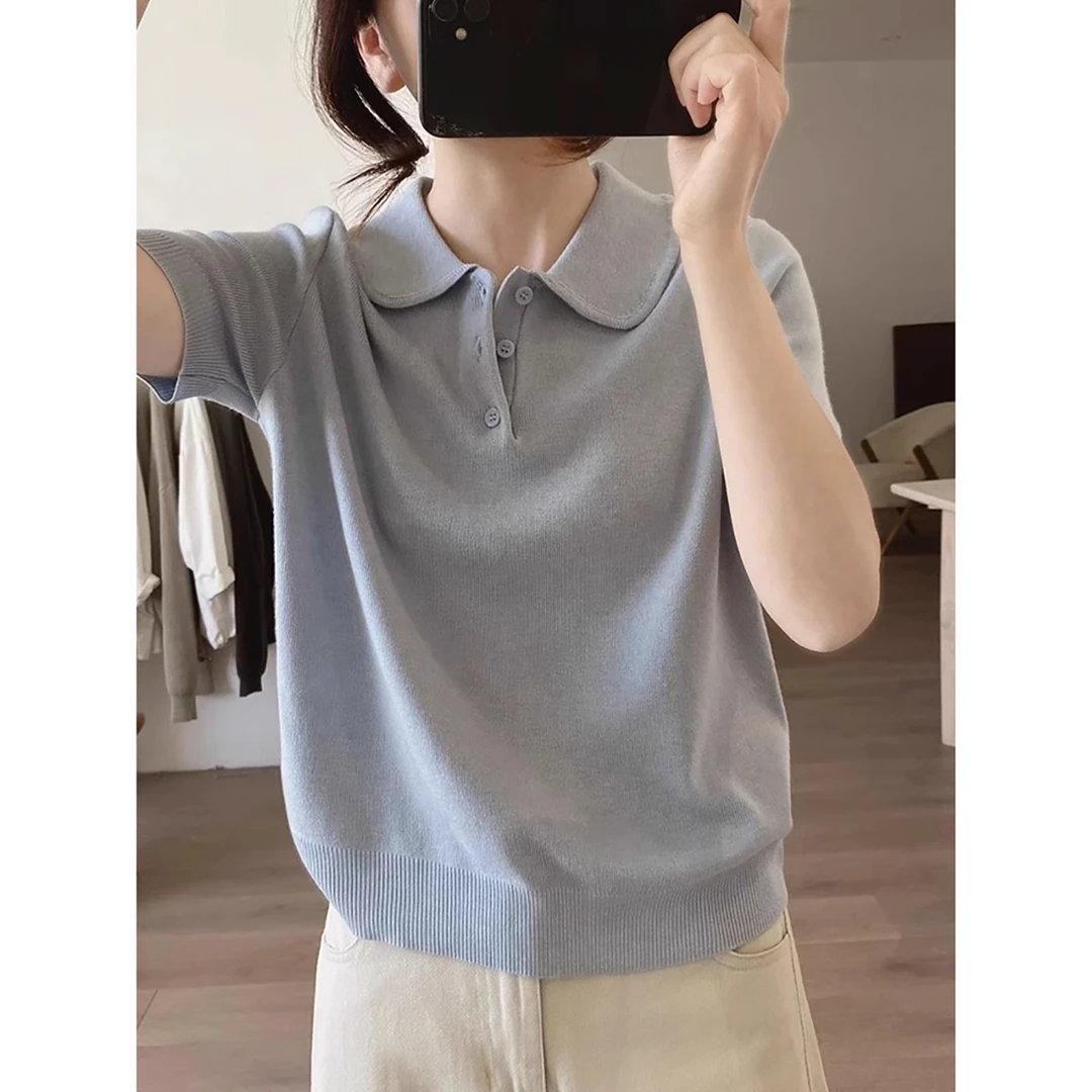 温柔气质蓝色polo领正肩短袖t恤女夏季冰丝显瘦短款针织衫上衣薄