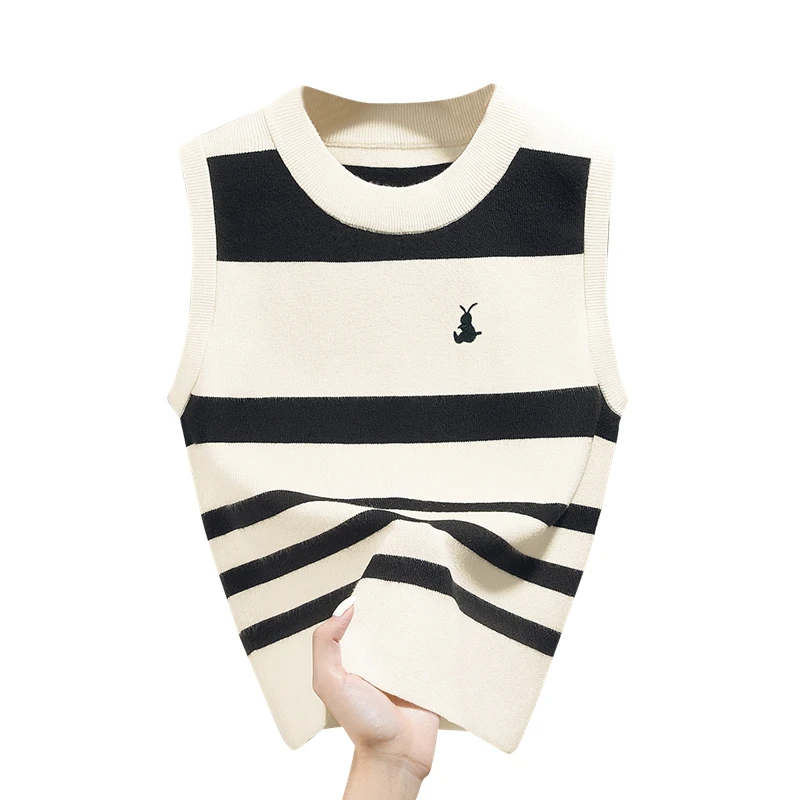 她池2025春装新款女装时尚套头撞色条纹短款圆领背心T51H0594GB