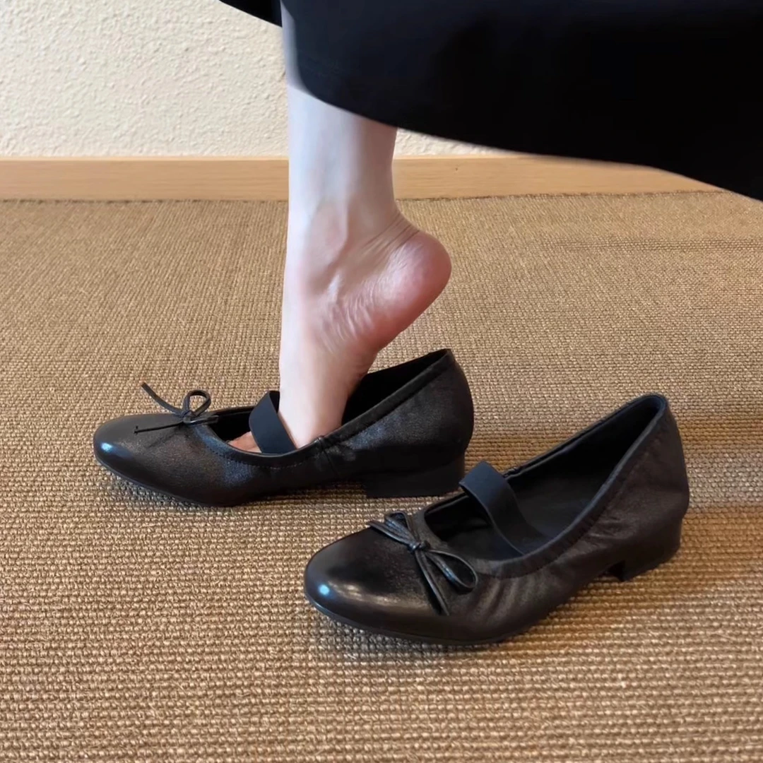 Pokoy-2cm法式复古圆头拼接低跟浅口舒适女一字带单鞋