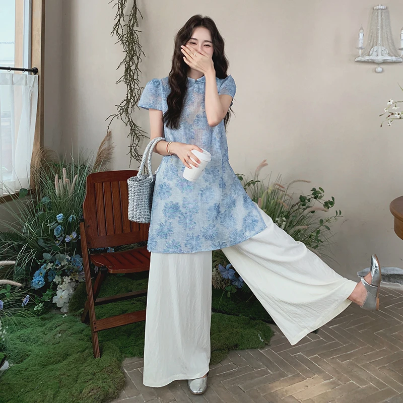新中式清冷感禅意套装国风改良旗袍开叉上衣高腰阔腿裤减龄两件套