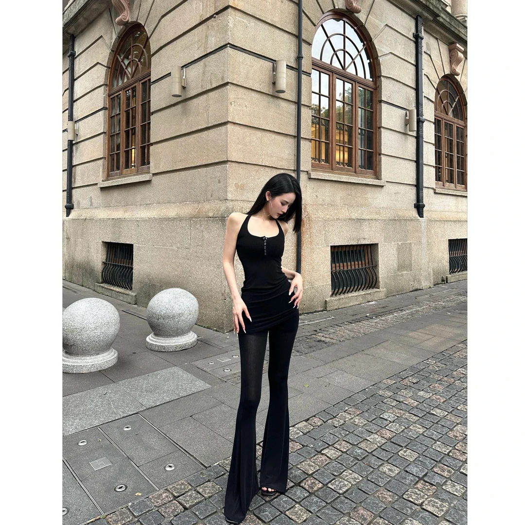 BETTER ME 网纱透视挂脖连衣裙上衣&微喇长裤套装