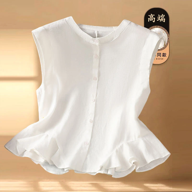 2025夏季时尚新款活泼俏皮透气亚麻/花边下摆衬衫显瘦单排扣背心