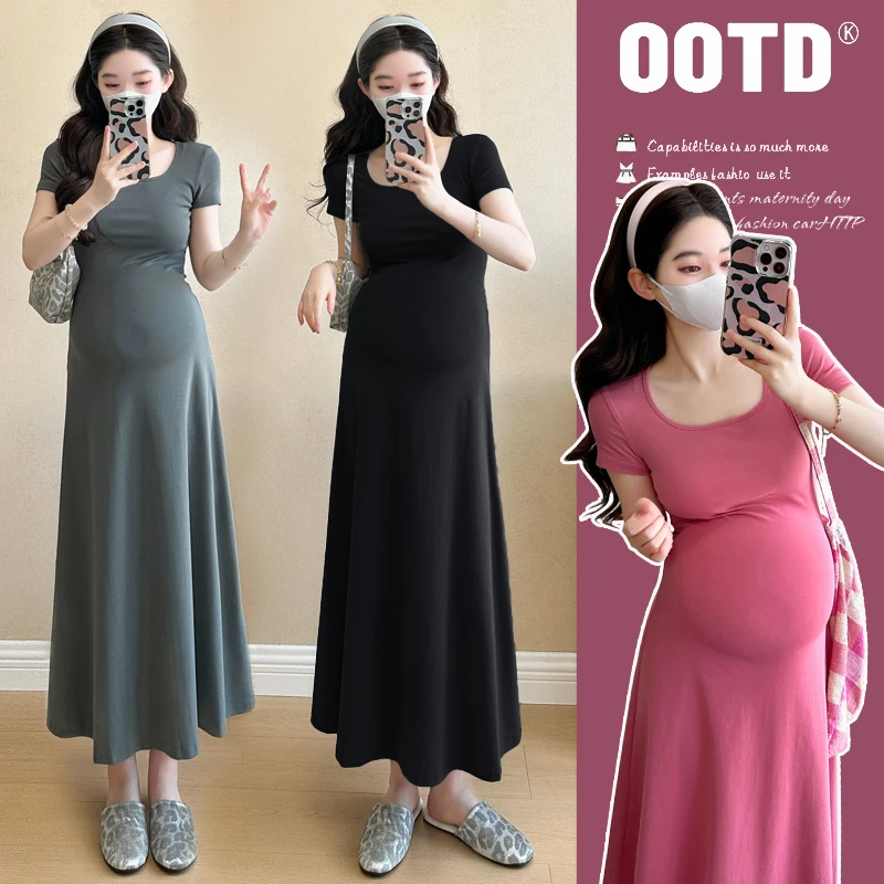 2025夏季简约经典方领修身孕妇装短袖中长款连衣裙大码宽松显瘦