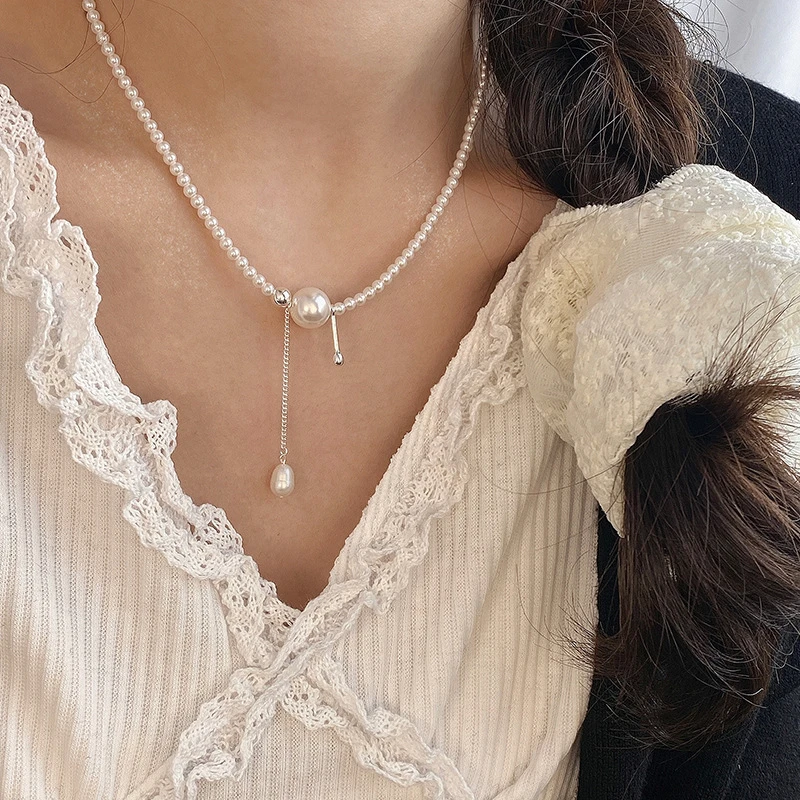 吊坠925银仿珍珠 925纯银施家珍珠链条流苏项链女简约手工设计甜