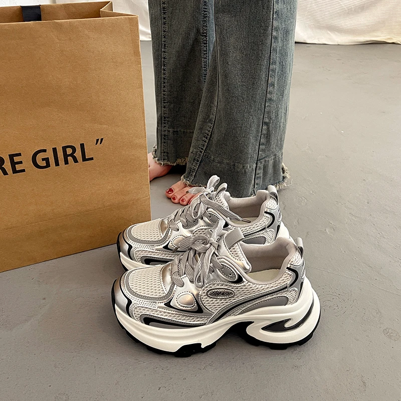 爆款时尚百搭厚底老爹鞋女夏季小个子2025新款超火银色运动休闲鞋