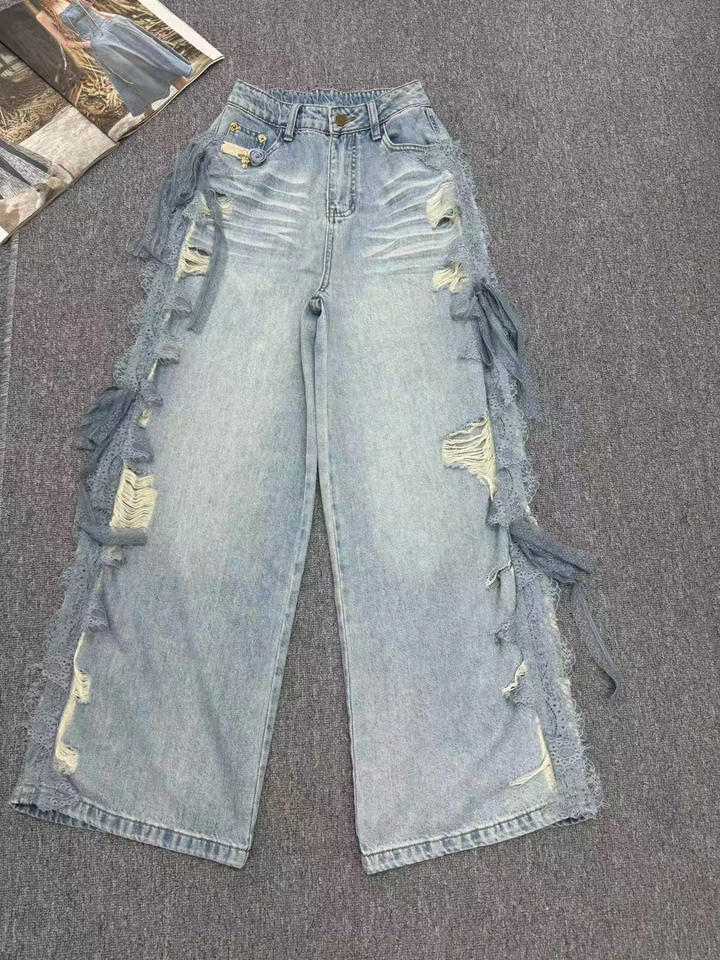 欧货女装2025夏季夏新款复古浅蓝阔腿破洞拼松紧腰蕾丝结牛仔裤