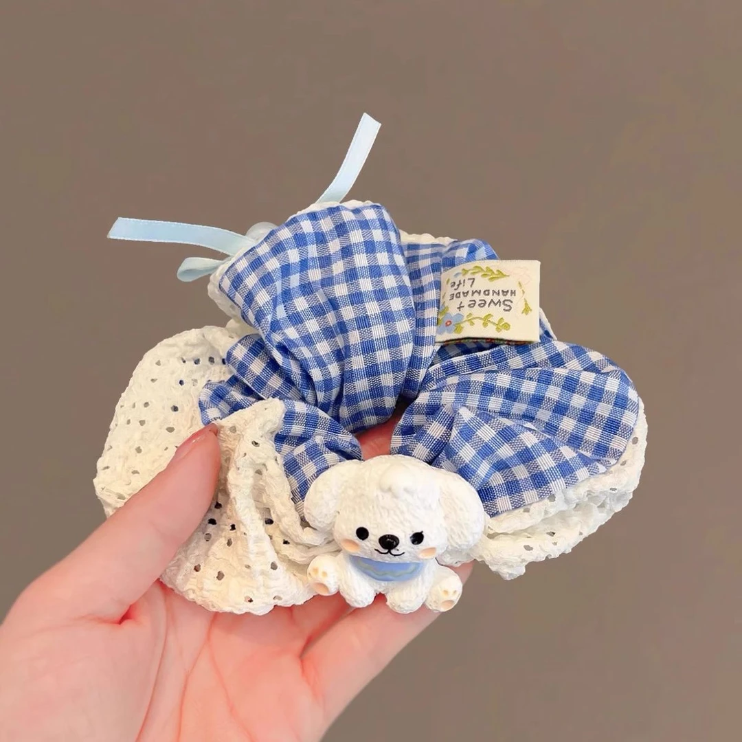 韩系可爱小狗蓝格纹发圈蕾丝边蝴蝶结肠圈头绳2025夏季新款发绳女