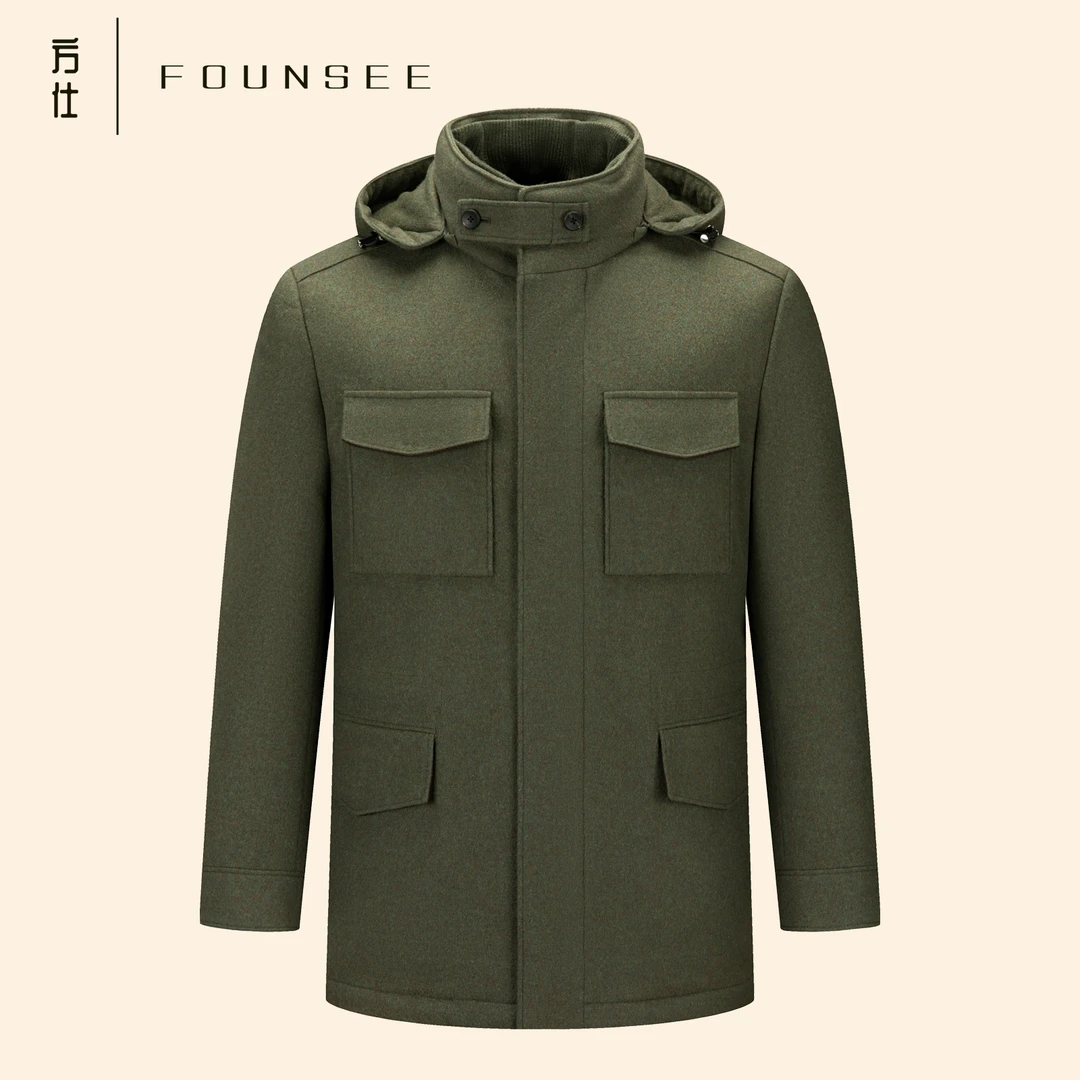 38mm黄金羊绒 800蓬95白金鹅绒男士猎装可脱卸帽羽绒服70EBW010