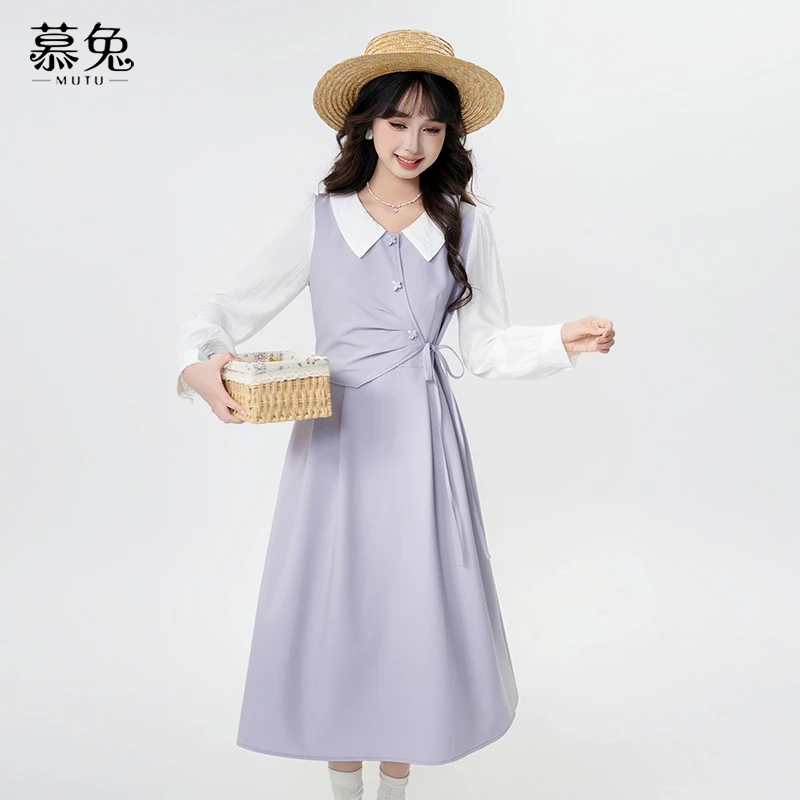慕兔法式气质假两件连衣裙女2025春季新款小个子收腰显瘦长袖裙子