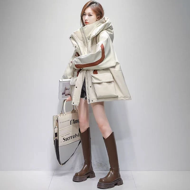 A52#撞色冲锋衣羽绒服女2024新款冬季韩版设计感工装连帽派克外套