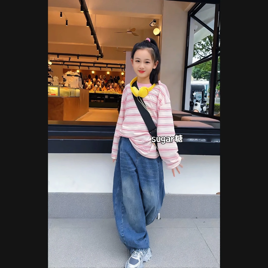 女童长袖条纹T恤套装2025新款牛仔裤两件套