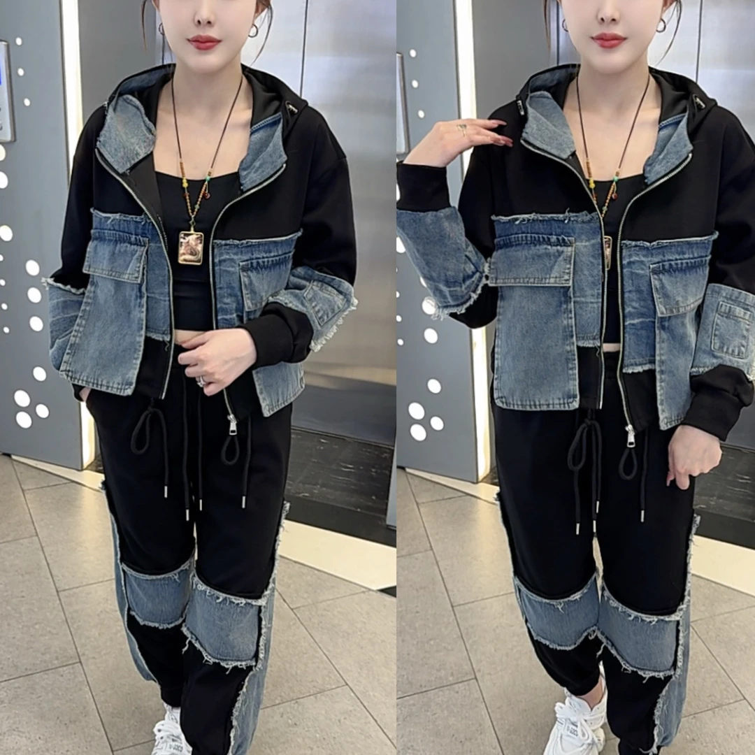 时尚拼接牛仔连帽外套搭配卫裤两件套套装春秋季女款