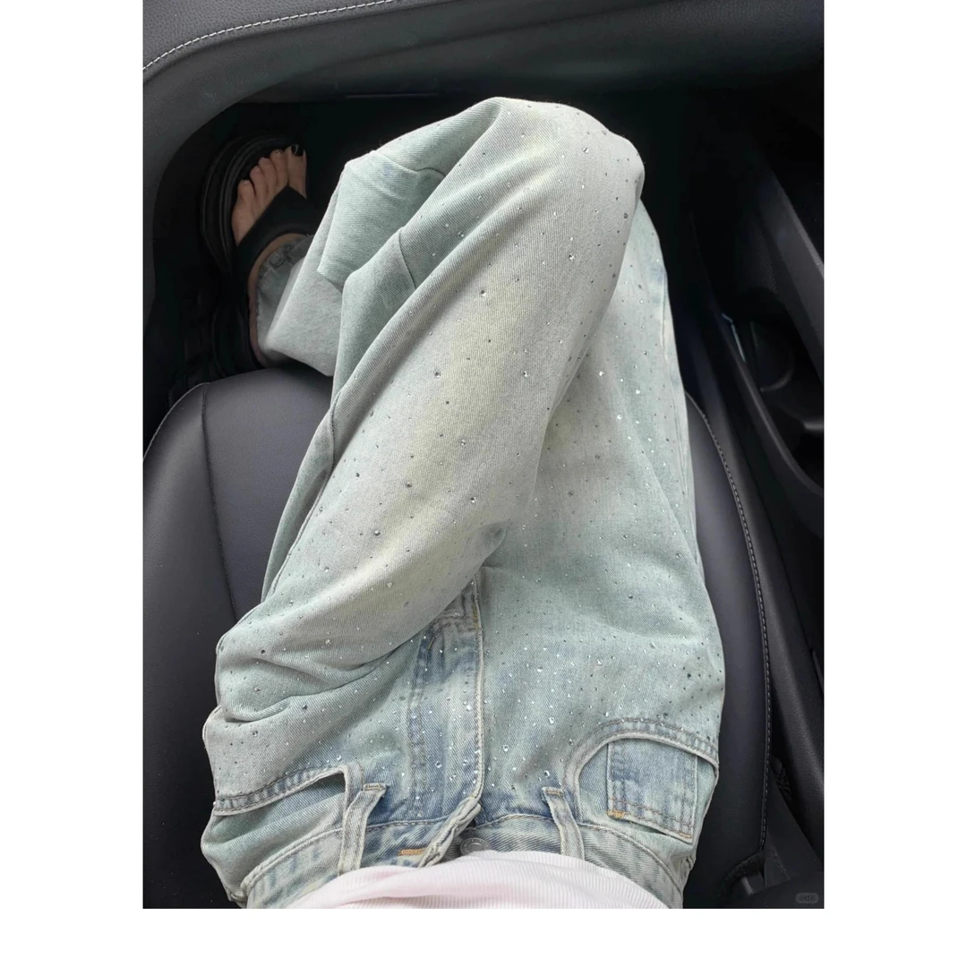 1152设计感镶钻牛仔裤女春季显瘦高腰直筒裤宽松阔腿裤拖地裤长裤