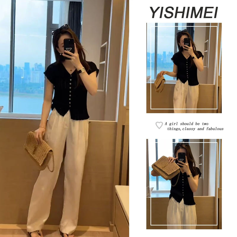夏季穿搭一整套女2025新款V领显瘦修身上衣百搭休闲裤两件套
