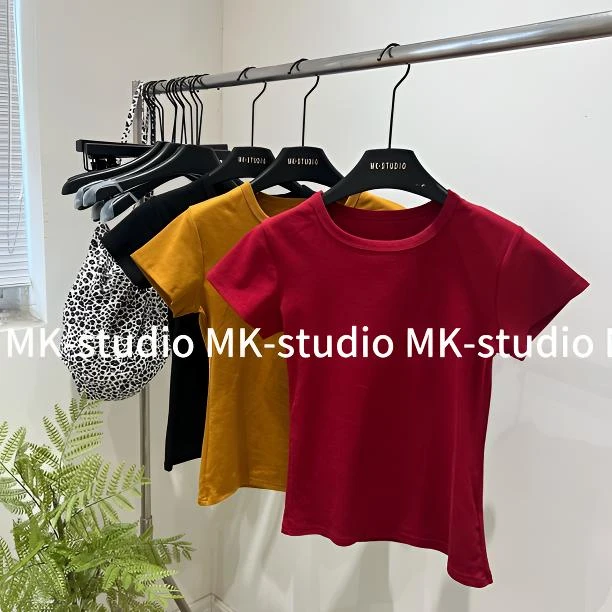 【Meng Ke】主推圆领掐腰显瘦短袖正肩t恤女内搭打底衫纯欲修身显瘦