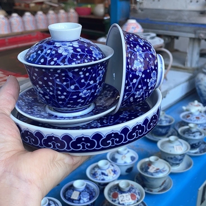 青花釉下彩盖碗杯子壶承