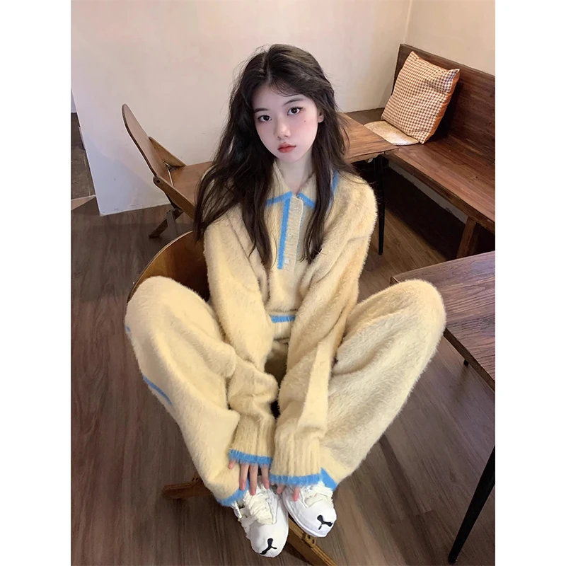 韩版甜美少女半边绒睡衣女冬季新款运动风针织保暖加厚家居服套装