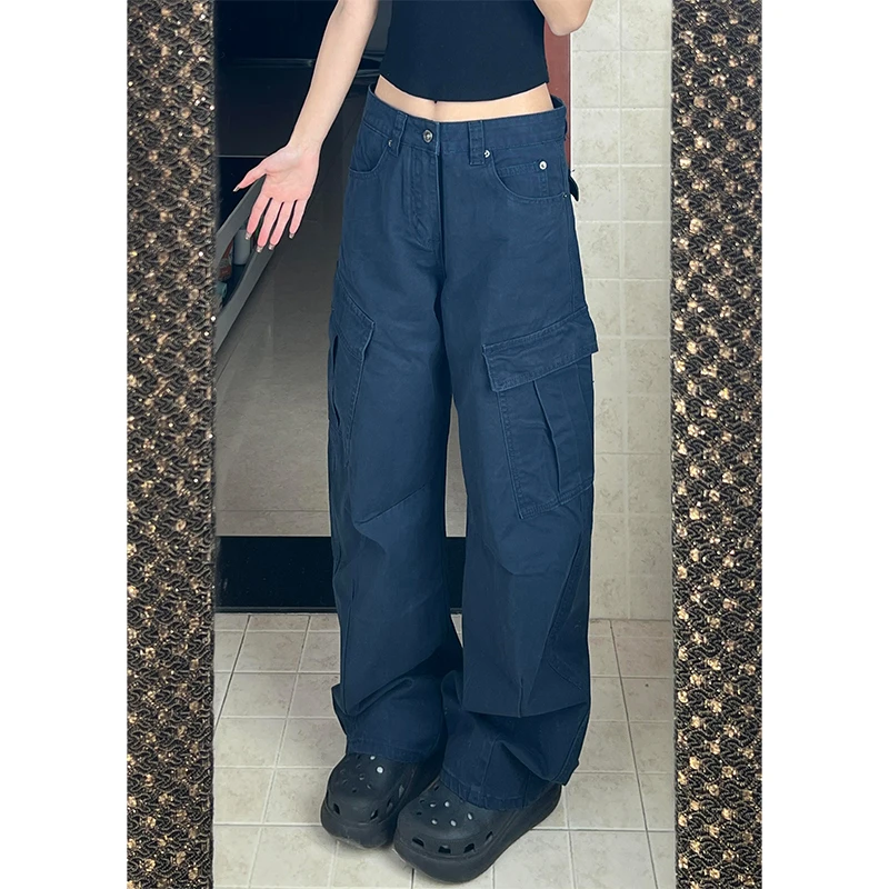 微胖mm设计感褶皱休闲水洗牛仔裤女夏季新款高街多口袋宽松工装裤