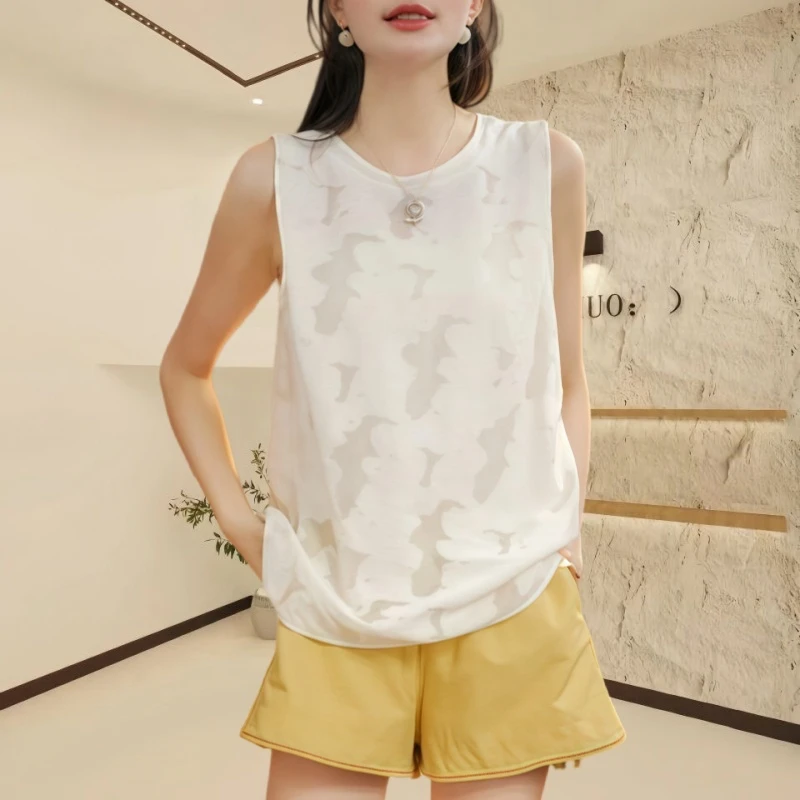 2025夏季新款时尚提花无袖小衬韩版轻奢休闲洋气宽松显瘦圆领上衣