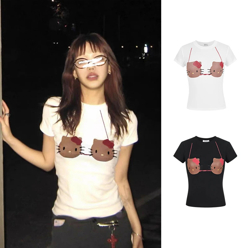Moses Queen/魔西女王美式复古kitty猫短袖t恤收腰显瘦短款上衣
