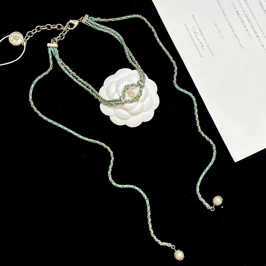 95新 Chanel/香奈儿 18C薄荷绿皮穿链双边长链项链 2505207