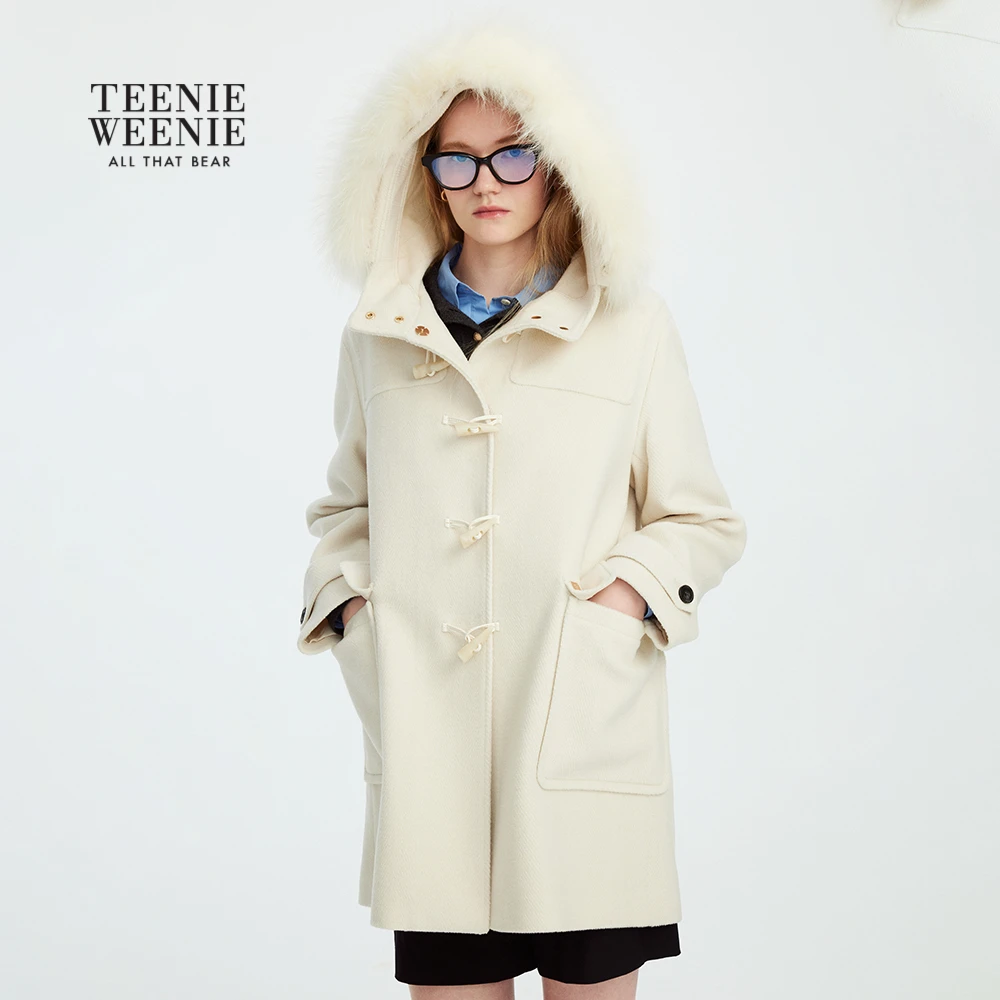 TeenieWeenie小熊女毛呢外套25学院风连帽牛角扣大衣TTJW258T02W