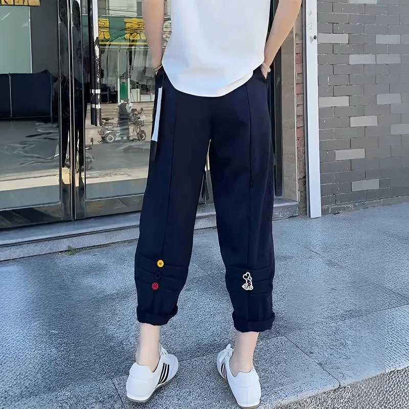 欧货女装彩扣小个子休闲弯刀裤女早秋薄款高腰气质显瘦遮胯阔腿裤