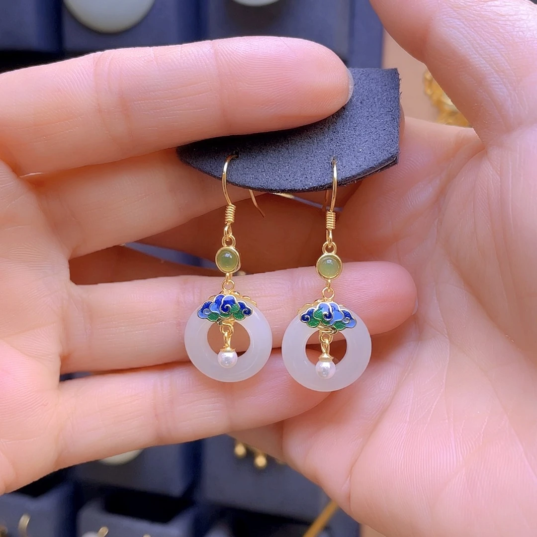 和田玉耳饰银S925镀金镶嵌