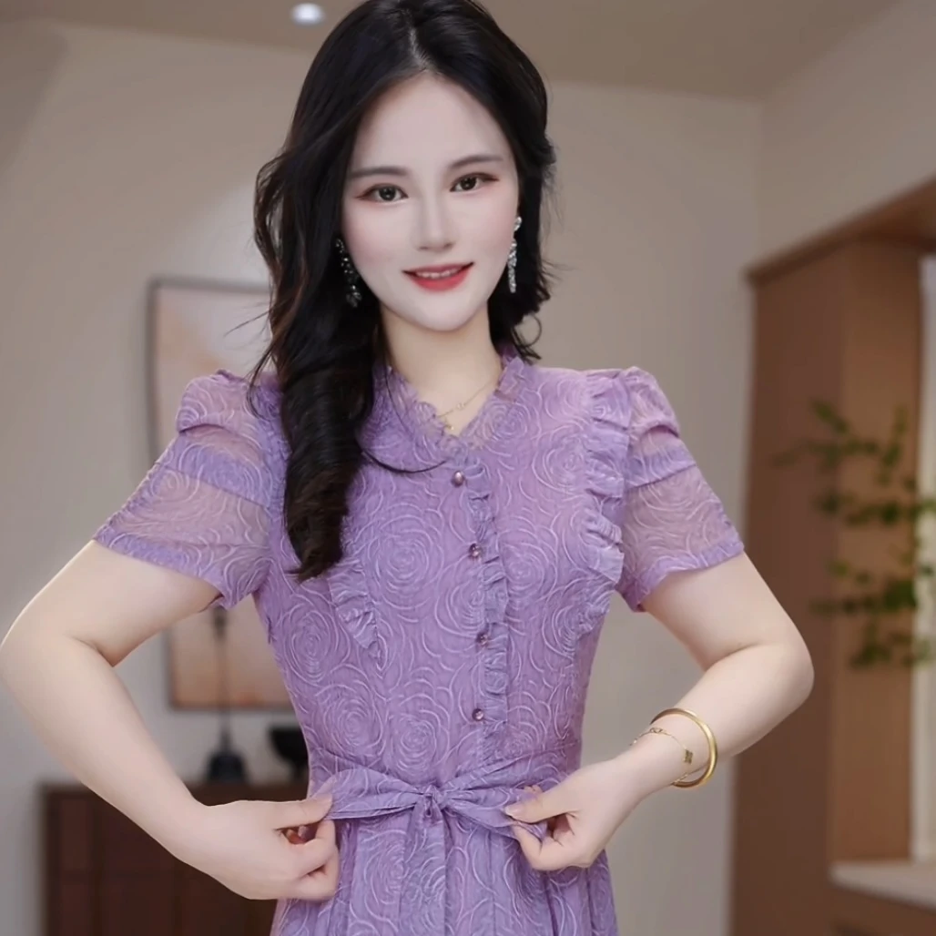 【XY-118】夏季紫色短袖连衣裙优雅气质时尚减龄收腰显瘦