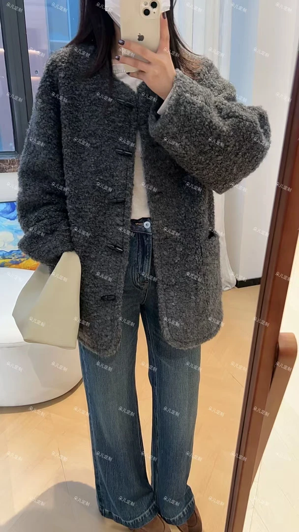 朵儿定制 【圈圈毛】秋冬气质牛角扣圆领圈圈毛大衣 MA97