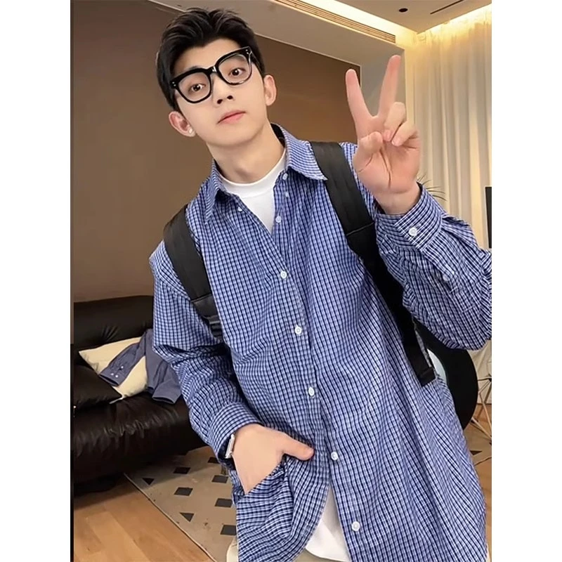 美式复古蓝色格子衬衫男款春秋季慵懒风长袖格纹衬衣情侣休闲外套