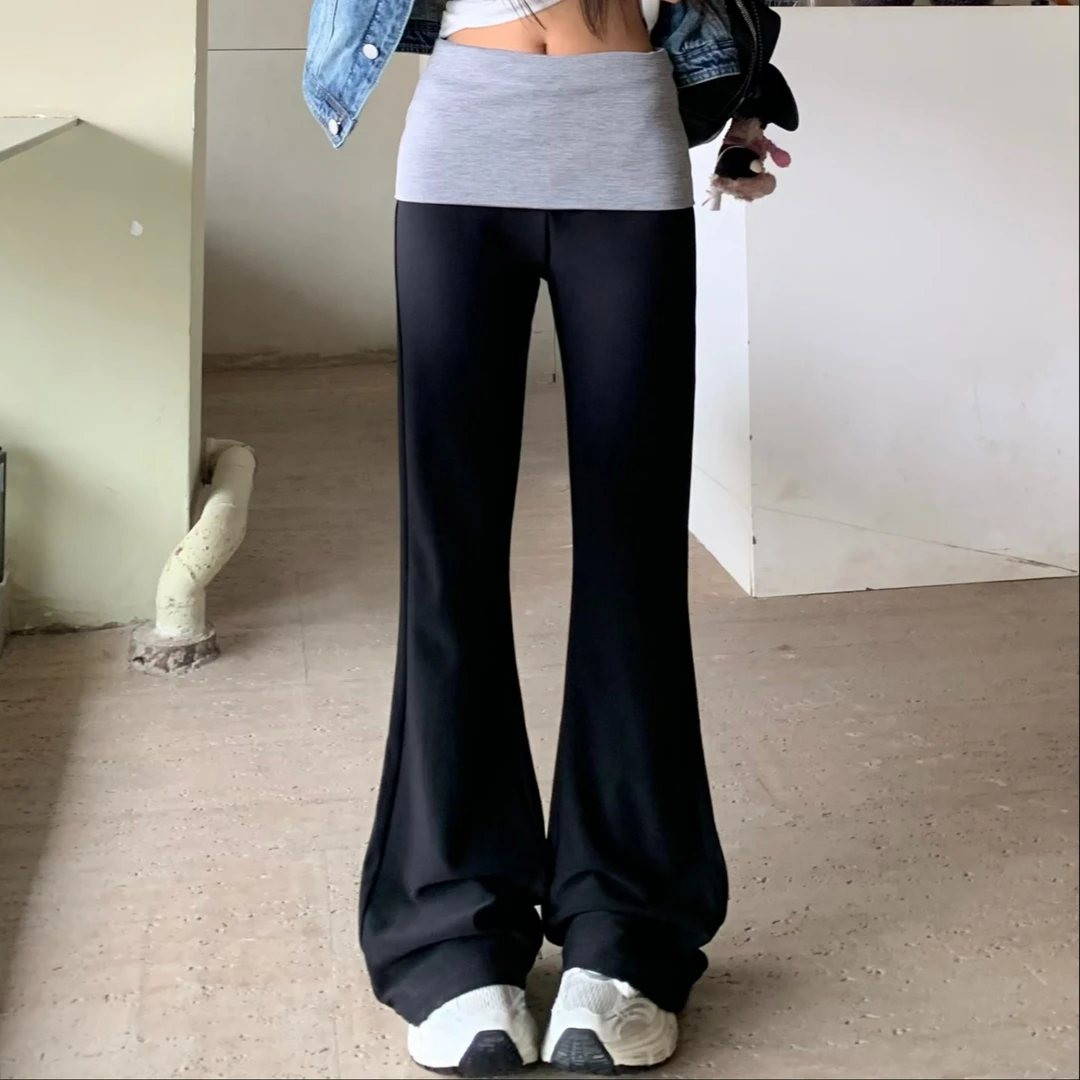 3MER 美式黑色运动休闲裤女低腰微喇裤拼接百搭瑜伽长裤子