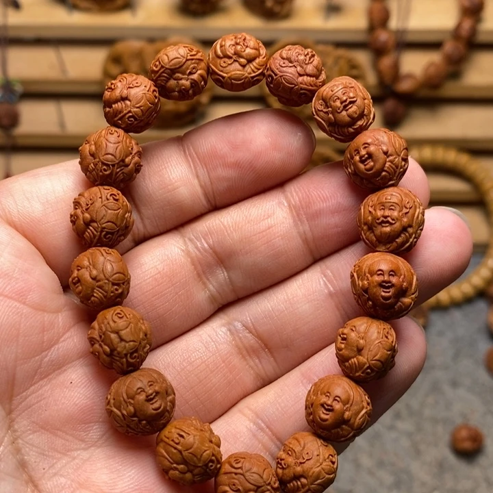 桃核雕刻双面财迷手串