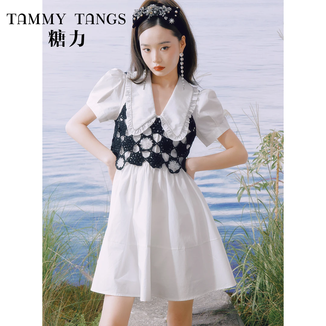 【辛祺专享】糖力夏季新款手工钩花背心短袖衬衫连衣裙两件套装女