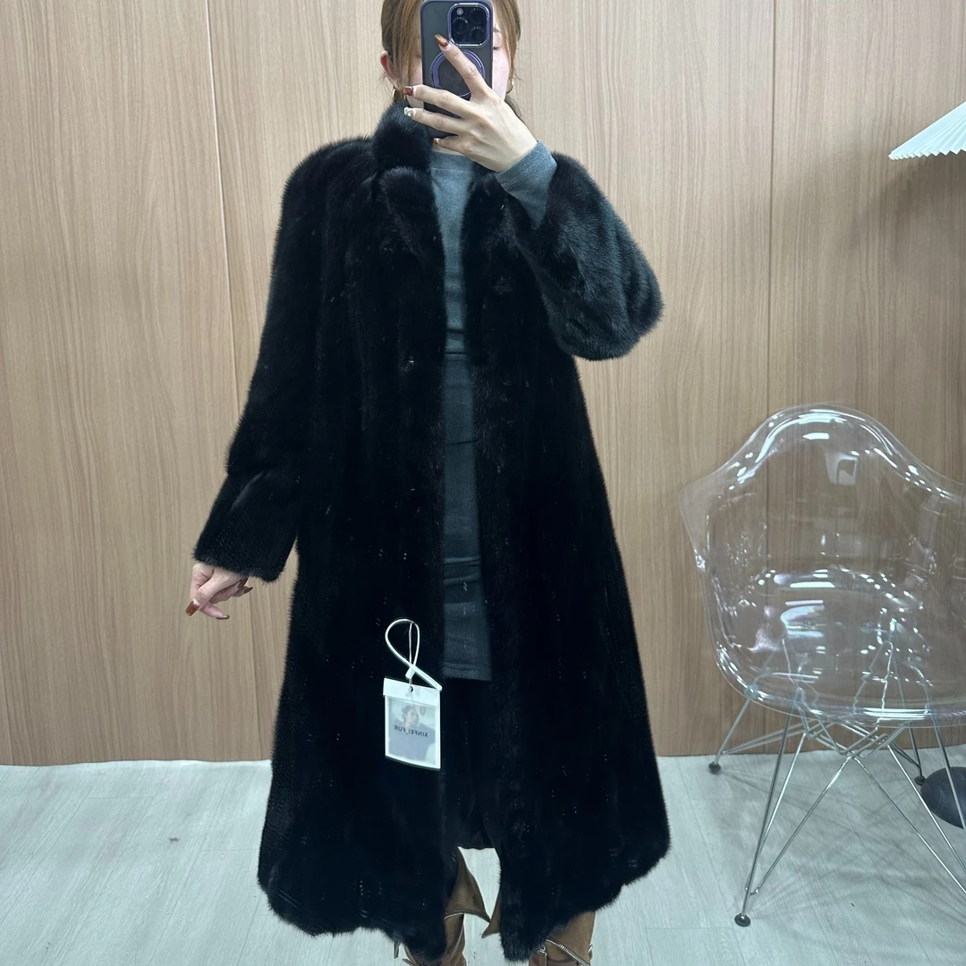 逆毛黑棕色中长款水貂外套，昕菲皮草STUDIO