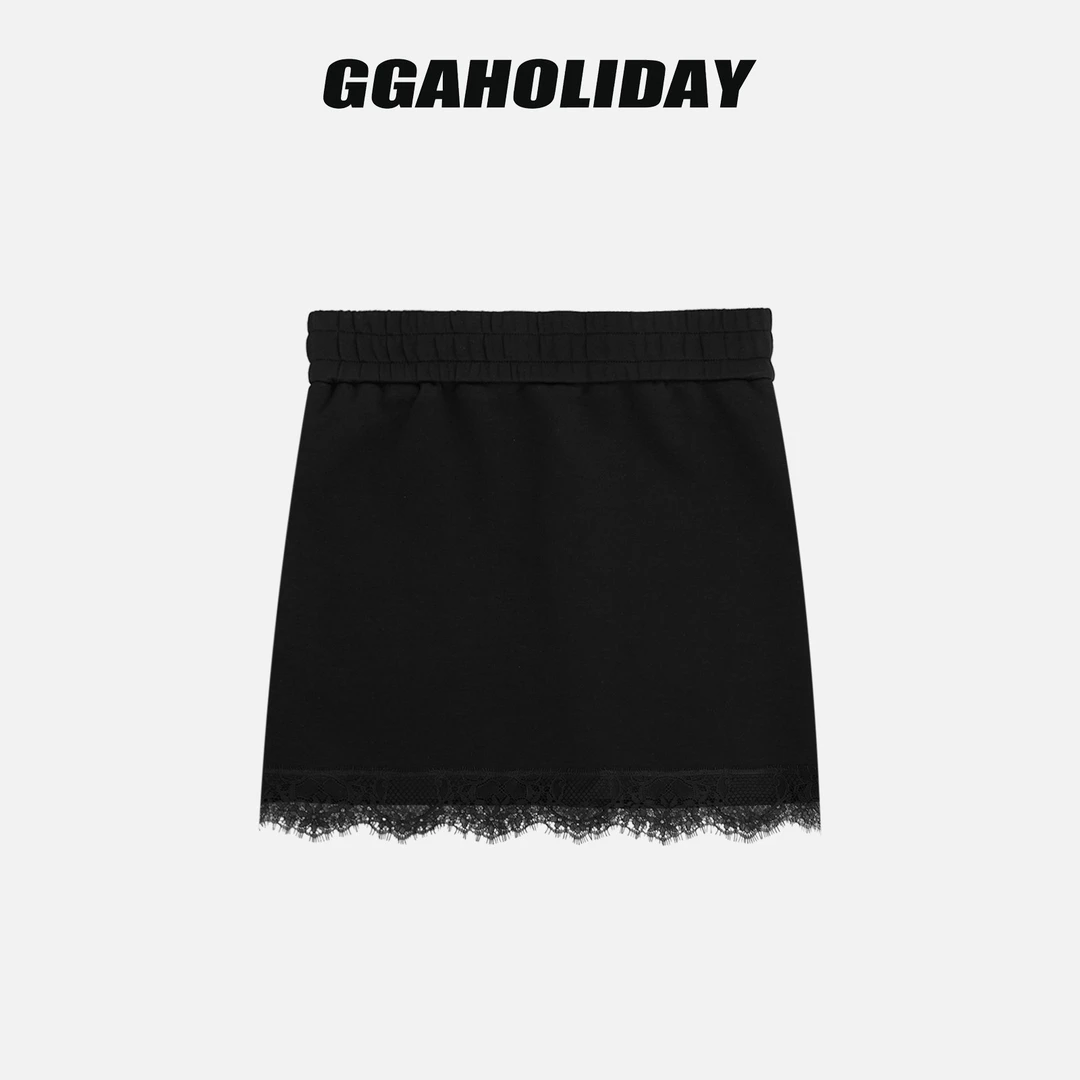 GGAHOLIDAY时尚休闲百搭蕾丝拼接A字裙秋冬女士黑色短裙-154246