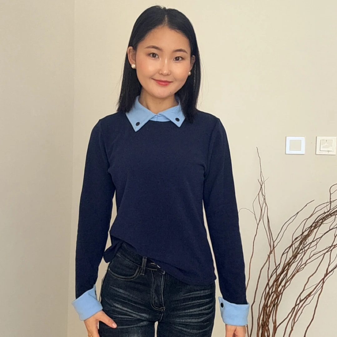 2752假两件秋冬新款拼色长袖女士气质翻领显瘦修身打底小衫