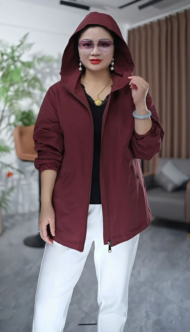 2420#气质休闲风衣连帽中长款大码春秋款外套百搭宽松户外女款