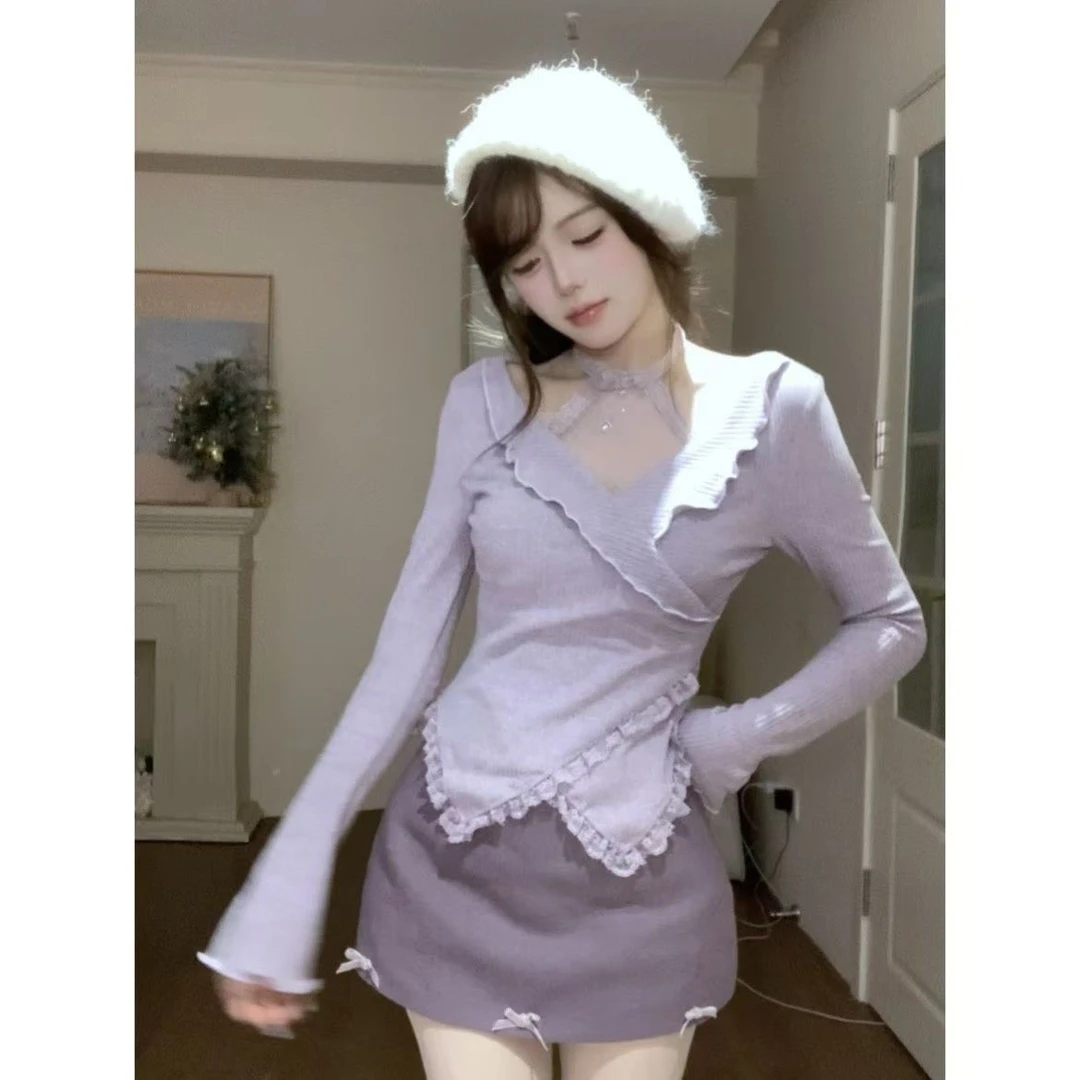 紫雾星河 春季新款纯欲风显瘦上衣短裙气质氛围感穿搭学院风套装