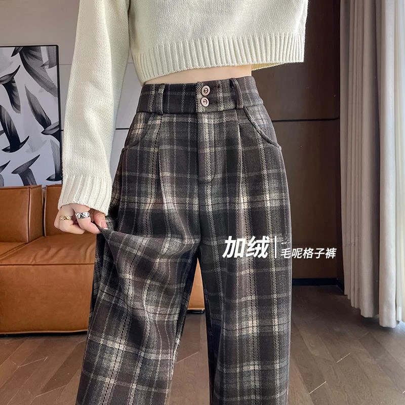 咖色直筒毛呢格子裤子女秋冬季加绒小个子高腰垂感休闲窄版阔腿裤
