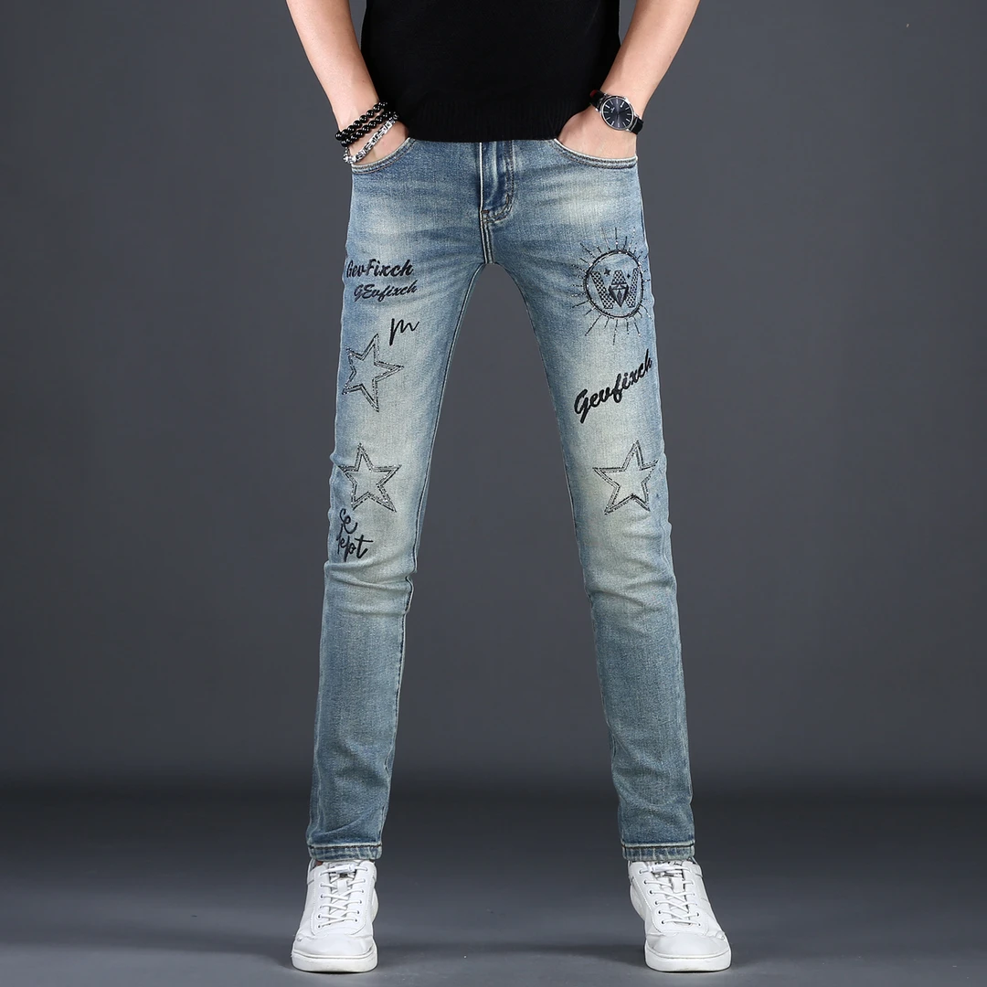 潮流时尚牛仔裤男士2025新款秋冬款蓝色刺绣修身小脚牛仔长裤男款
