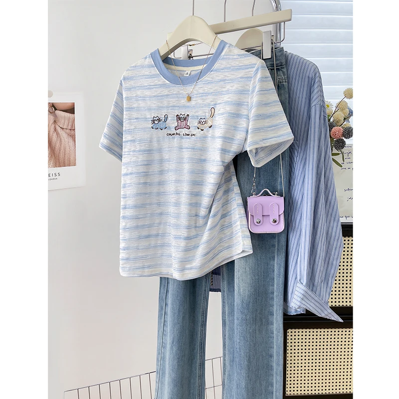 卡通猫咪刺绣条纹T恤夏季新款薄款透气显白短袖上衣宽松chic女装